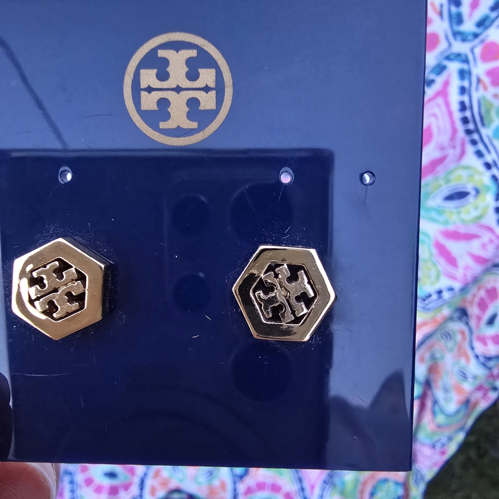 Tory Burch Gold Hexagonal Logo Stud Earrings - Polished Gold Tone - Picture 4 of 9